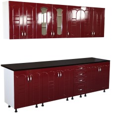 Bucatarie Zebra 260 cm din MDF Rosu Tulip cu blat termoizolant imitatie negru